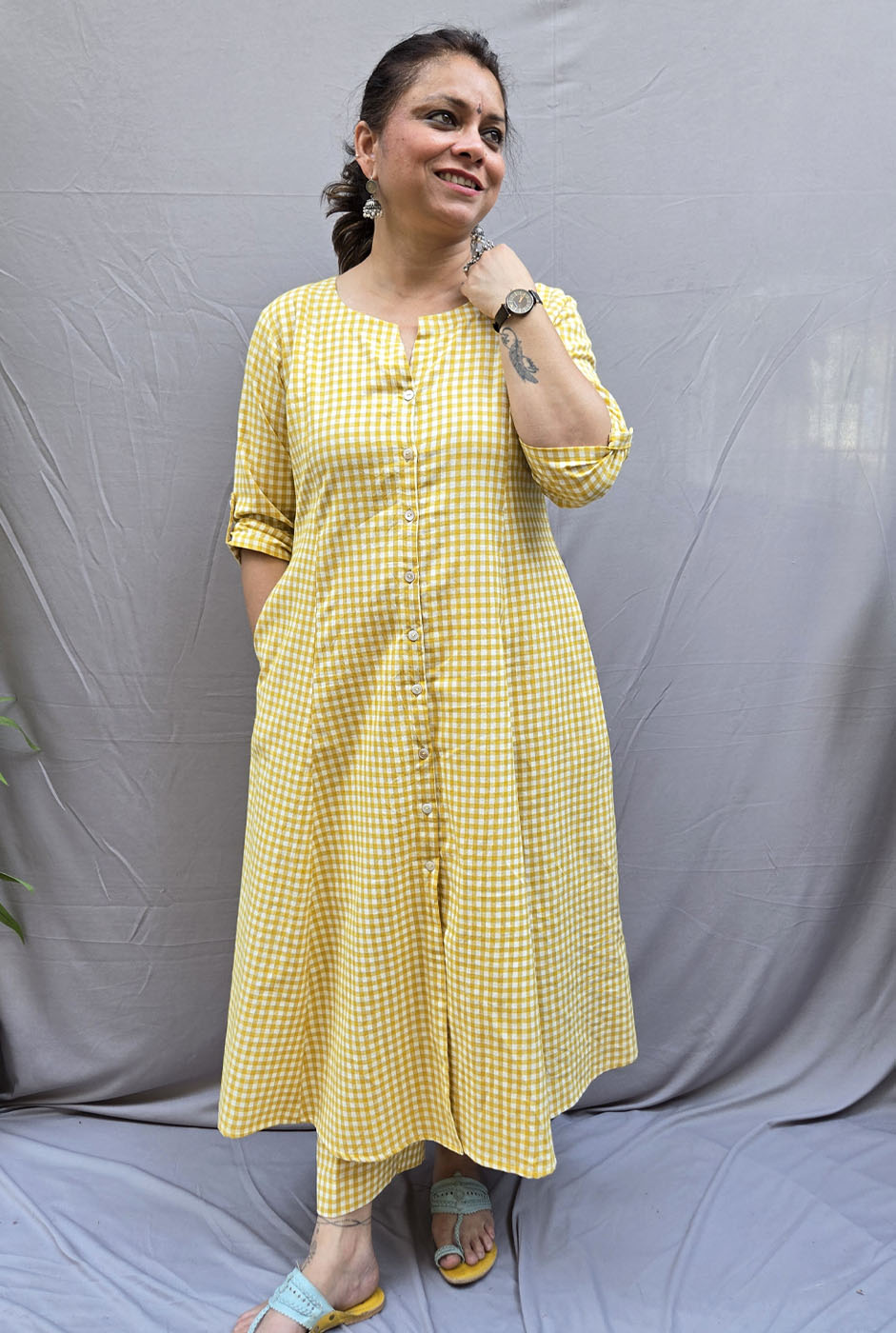 Set of 2 Chaukat – Handwoven Cotton Checks Co-ord Set Yellow