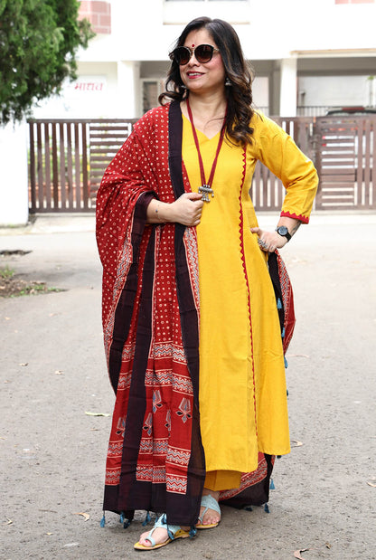 Handloom Cotton Kurta with Red Applique Work