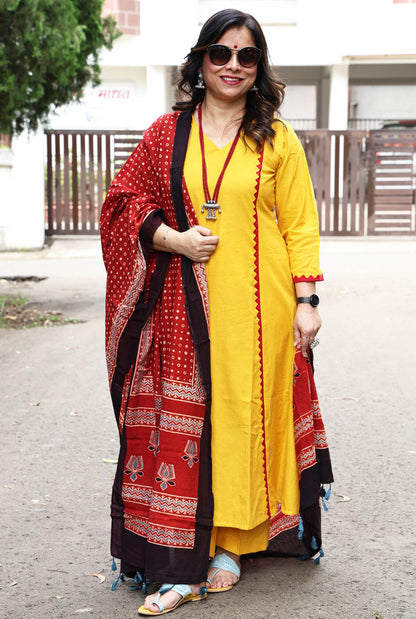 Handloom Cotton Kurta with Red Applique Work
