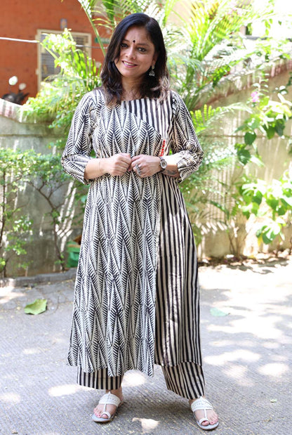 Black Hand Blocked Kurti Pant Set in Angrakha Style