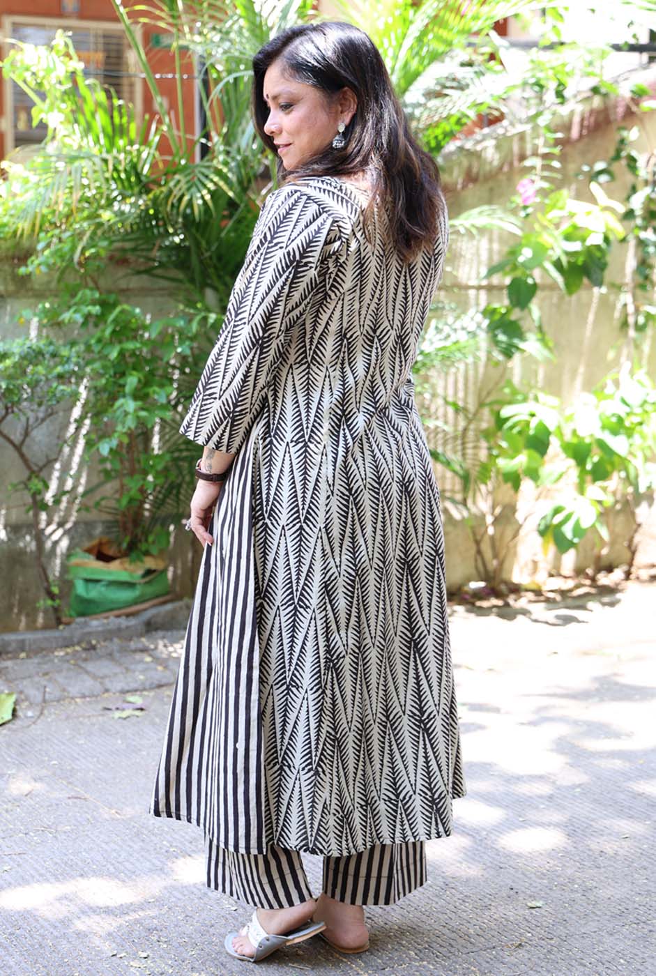 Black Hand Blocked Kurti Pant Set in Angrakha Style