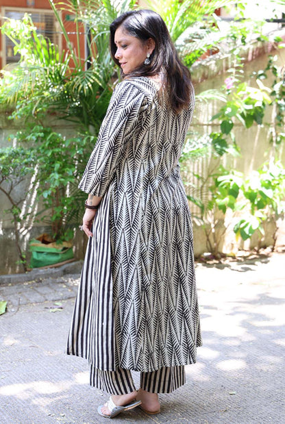 Black Hand Blocked Kurti Pant Set in Angrakha Style