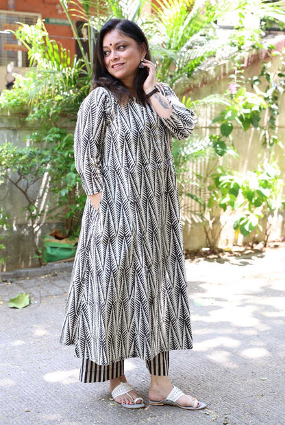 Black Hand Blocked Kurti Pant Set in Angrakha Style