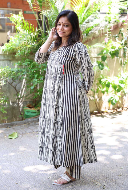 Black Hand Blocked Kurti Pant Set in Angrakha Style