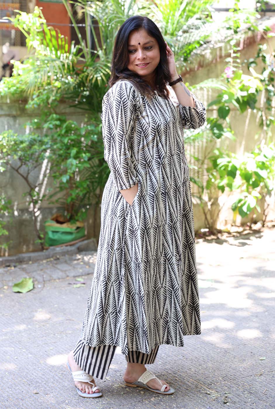 Black Hand Blocked Kurti Pant Set in Angrakha Style