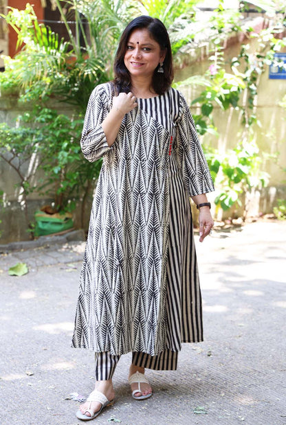 Black Hand Blocked Kurti Pant Set in Angrakha Style