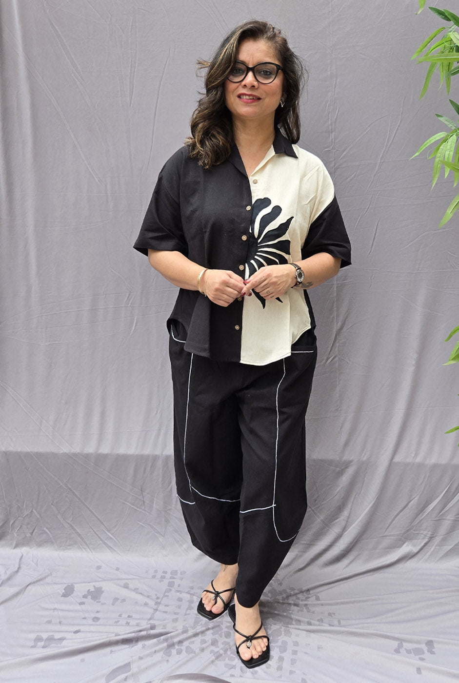 Black & White Petal Cotton Anti Fit Shirt