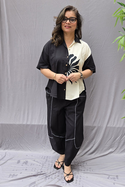 Black & White Petal Cotton Anti Fit Shirt