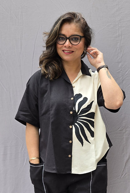 Black & White Petal Cotton Anti Fit Shirt