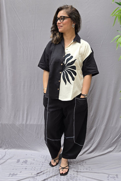 Black & White Petal Cotton Anti Fit Shirt