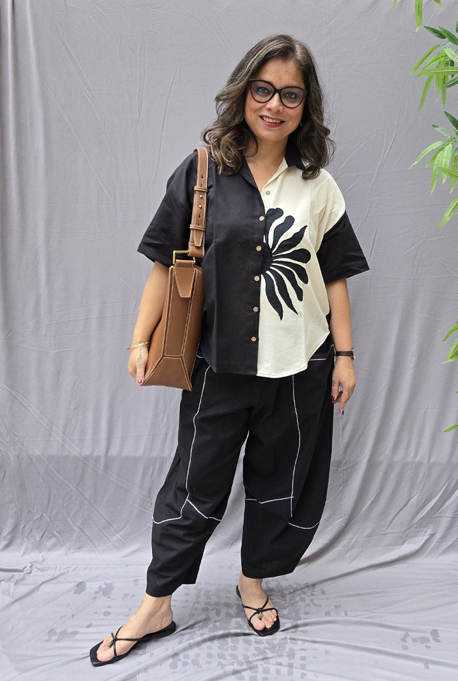 Black & White Petal Cotton Anti Fit Shirt