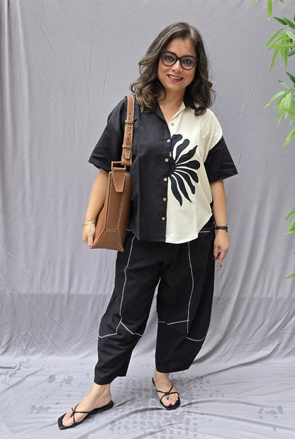 Black & White Petal Cotton Anti Fit Shirt