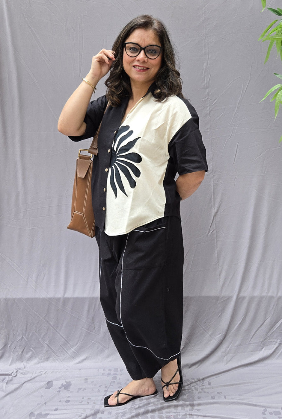 Black & White Petal Cotton Anti Fit Shirt