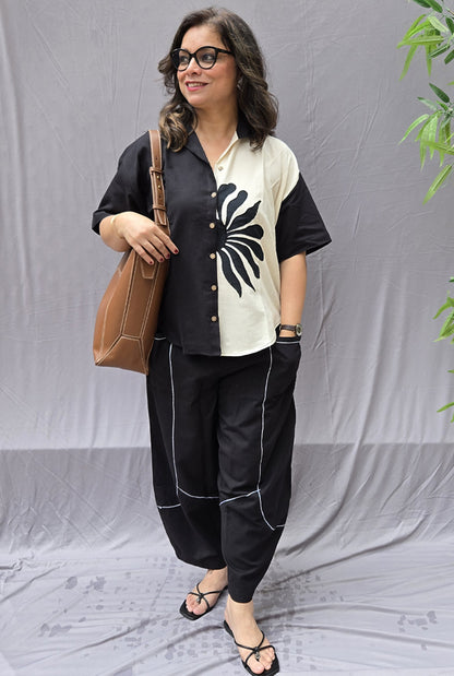 Black & White Petal Cotton Anti Fit Shirt