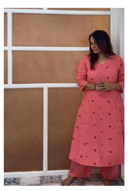 Nazakat peach Handloom Cotton Co-Ord Set