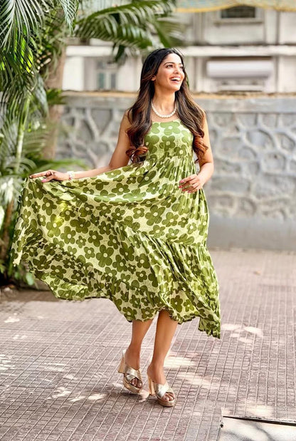 Vana Phool Green Mull Cotton Dress