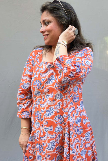 Jharna – Orange Handblock Knee-Length Dress
