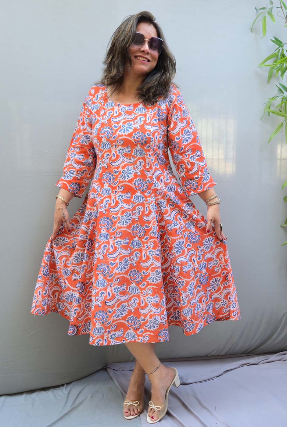 Jharna – Orange Handblock Knee-Length Dress
