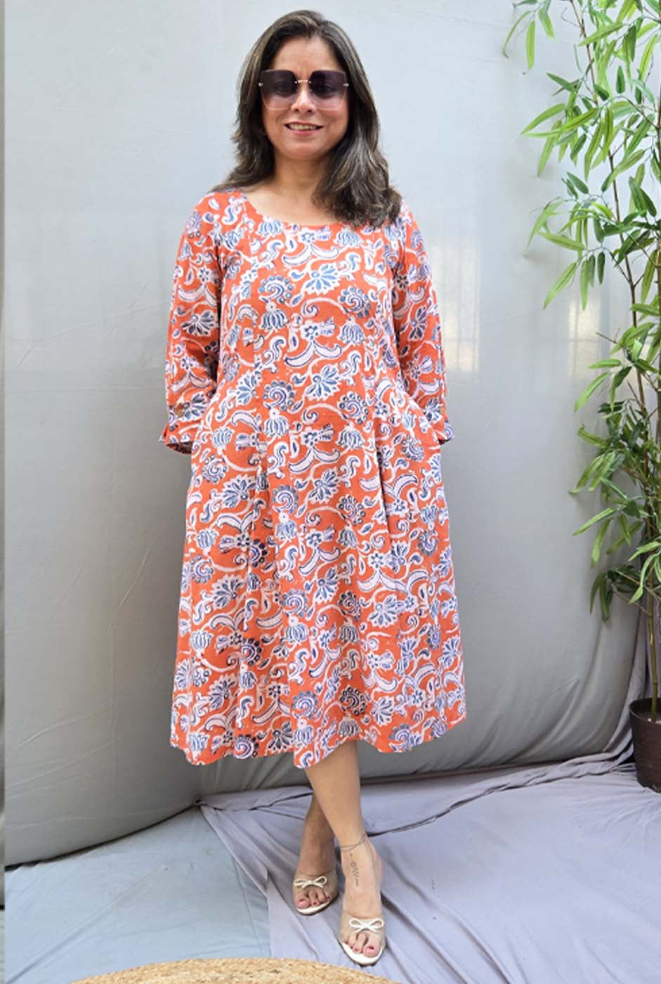 Jharna – Orange Handblock Knee-Length Dress