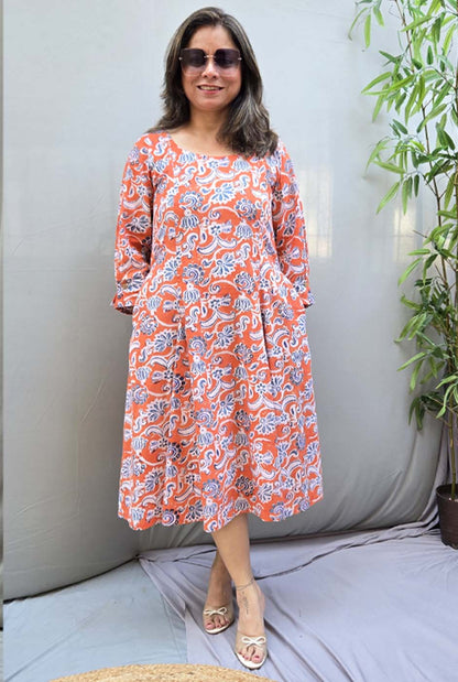 Jharna – Orange Handblock Knee-Length Dress