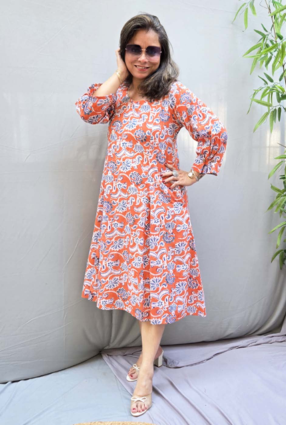 Jharna – Orange Handblock Knee-Length Dress