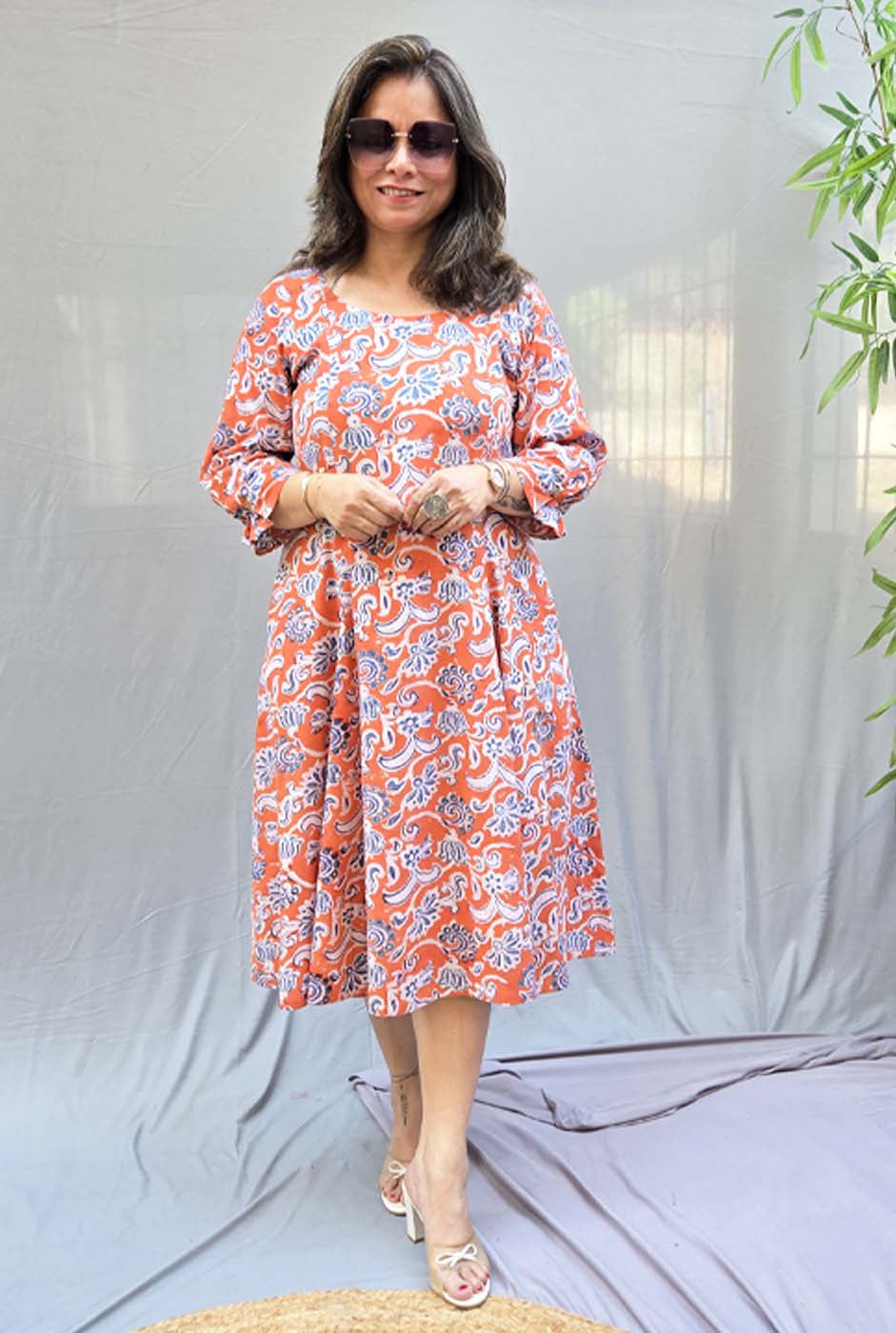 Jharna – Orange Handblock Knee-Length Dress
