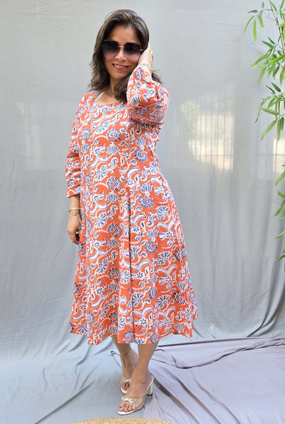 Jharna – Orange Handblock Knee-Length Dress
