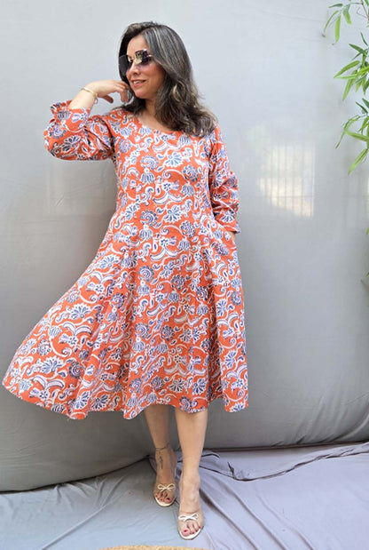 Jharna – Orange Handblock Knee-Length Dress