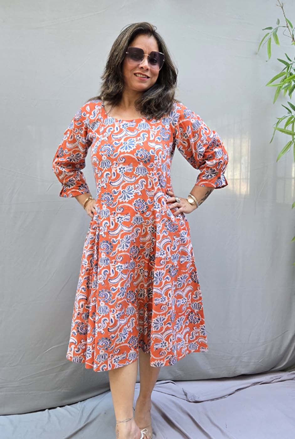 Jharna – Orange Handblock Knee-Length Dress
