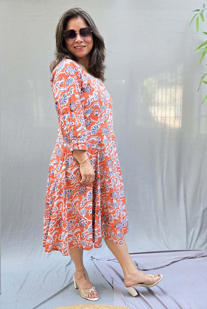 Jharna – Orange Handblock Knee-Length Dress