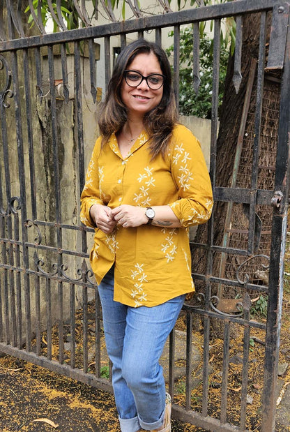 Dragonfly Block Mustard Handloom Cotton Ajrakh Shirt
