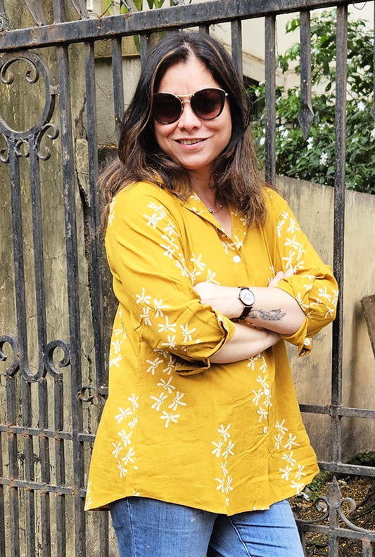 Dragonfly Block Mustard Handloom Cotton Ajrakh Shirt