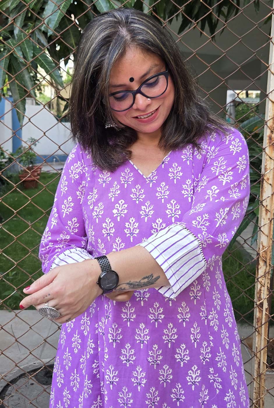 Set of 2 Meher – Purple Handblock Kurta Pant Set with Mirror Work