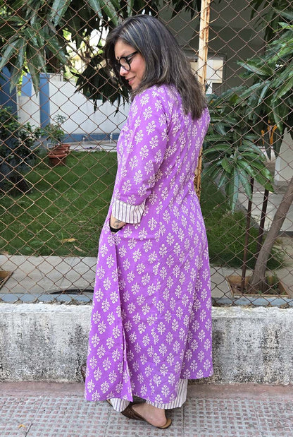 Set of 2 Meher – Purple Handblock Kurta Pant Set with Mirror Work