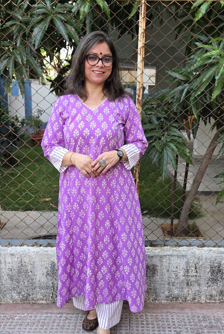 Set of 2 Meher – Purple Handblock Kurta Pant Set with Mirror Work