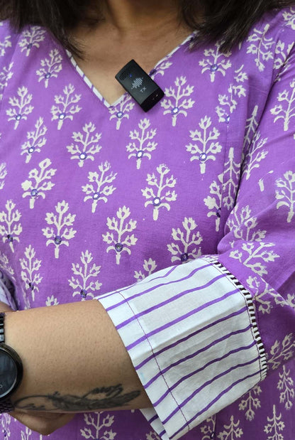 Set of 2 Meher – Purple Handblock Kurta Pant Set with Mirror Work