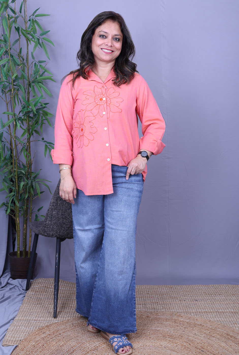 Phool Peach Embroidered Cotton Shirt