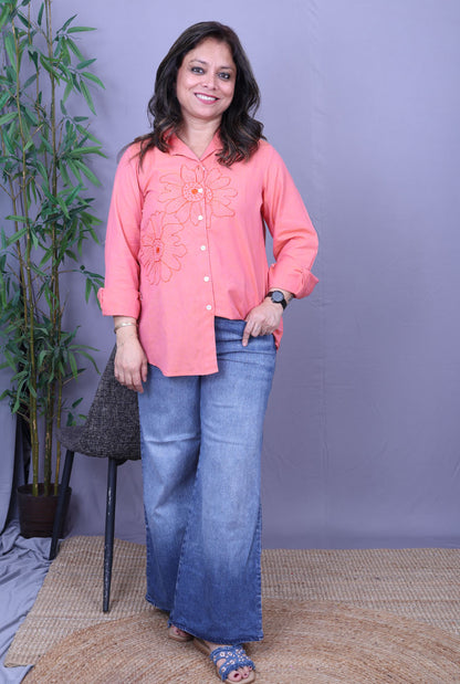 Phool Peach Embroidered Cotton Shirt