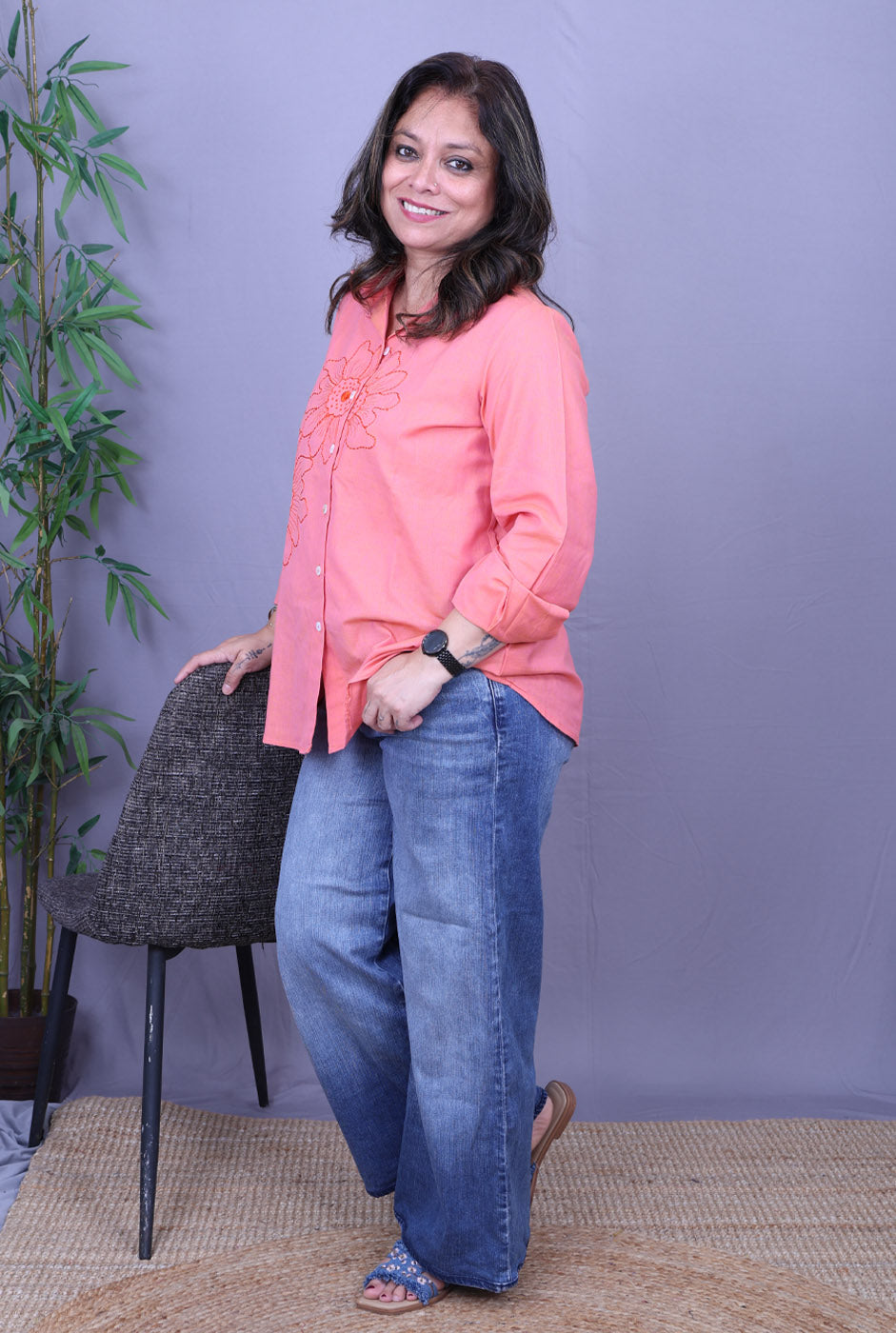 Phool Peach Embroidered Cotton Shirt