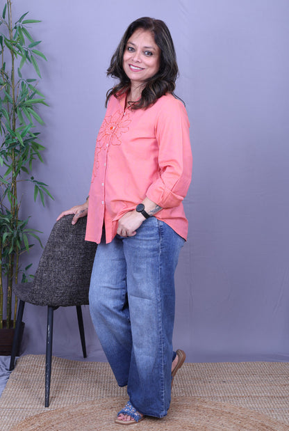 Phool Peach Embroidered Cotton Shirt