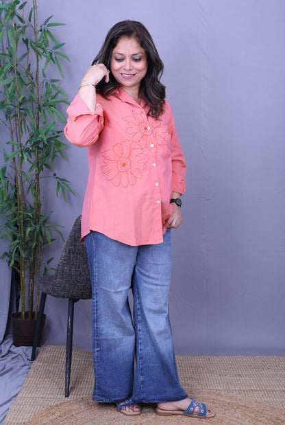 Phool Peach Embroidered Cotton Shirt