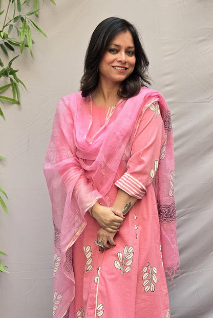 Pink Vanya Slub Cotton Kurta Pant Set