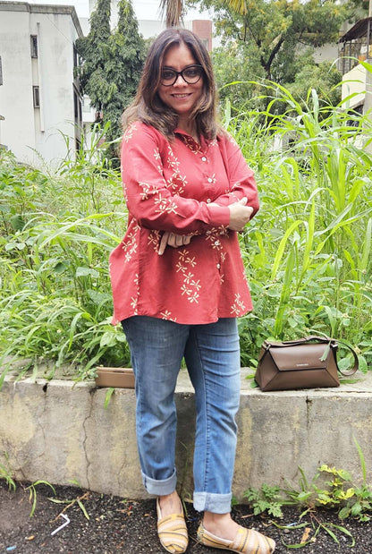 Dragonfly Block Red Handloom Cotton Ajrakh Shirt