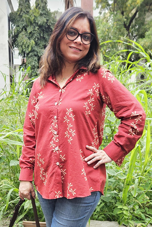 Dragonfly Block Red Handloom Cotton Ajrakh Shirt