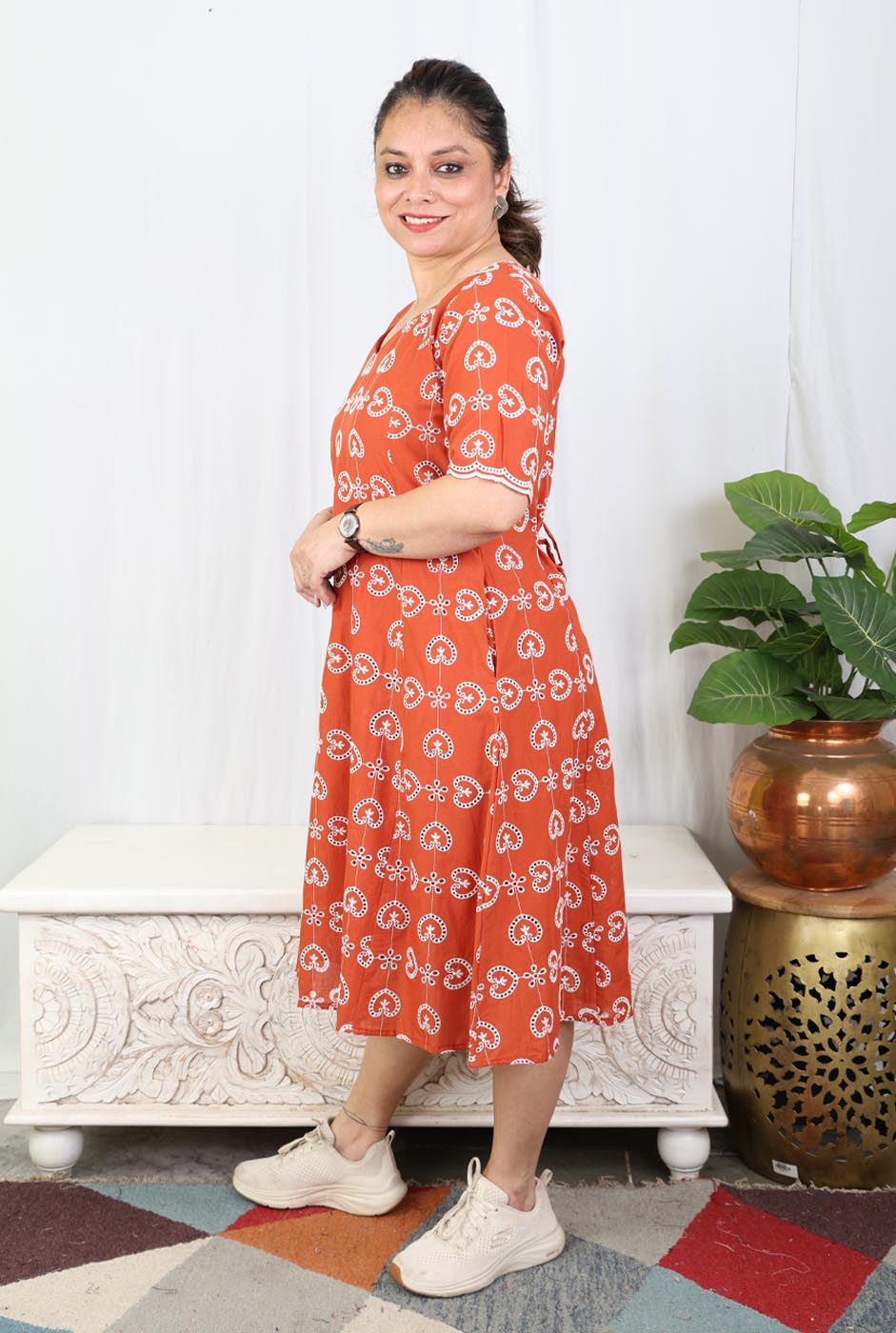 Rust Orange Schiffli Cotton Dress