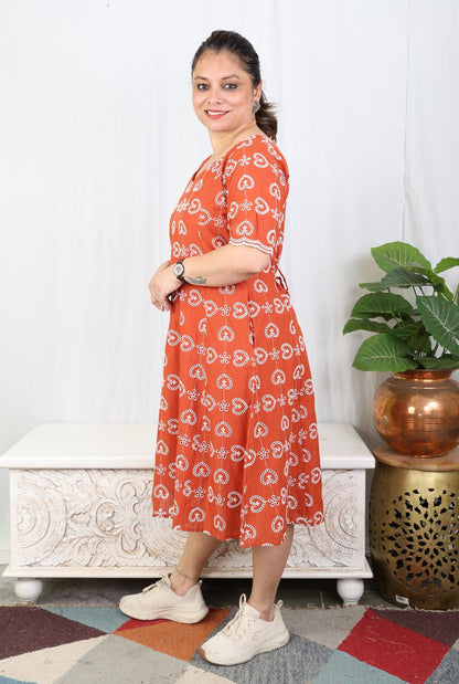 Rust Orange Schiffli Cotton Dress
