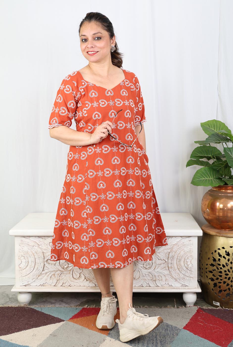 Rust Orange Schiffli Cotton Dress