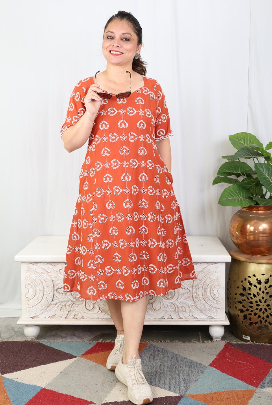 Rust Orange Schiffli Cotton Dress