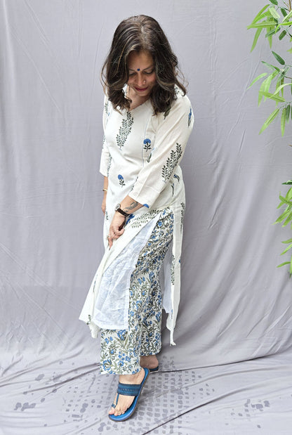 Set of 2 Firdaus Mughal Buta Hand Block Cotton Kurta Pant Set A