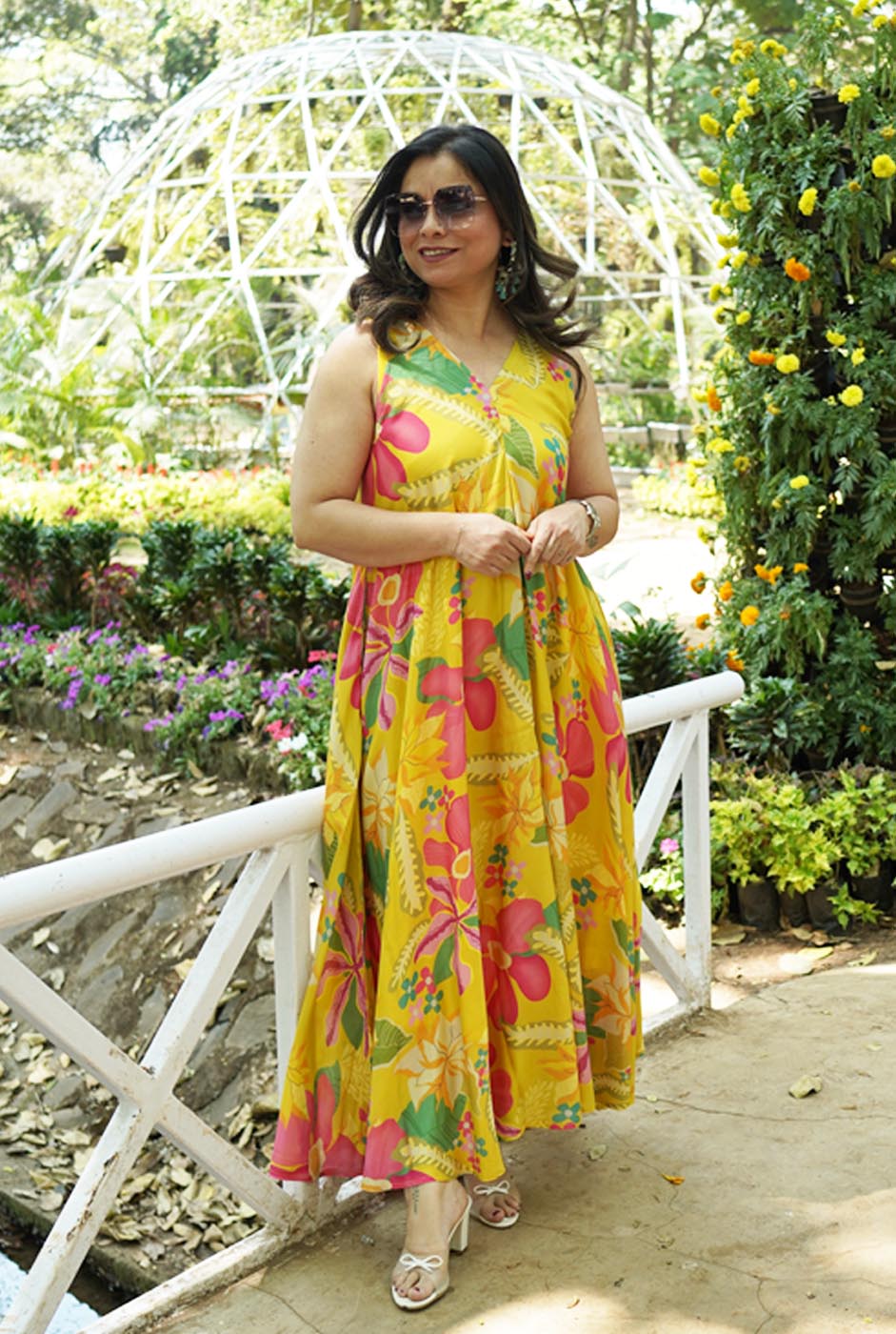 Sunshine Yellow Muslin Floral Dress ( Sleeves On Request )